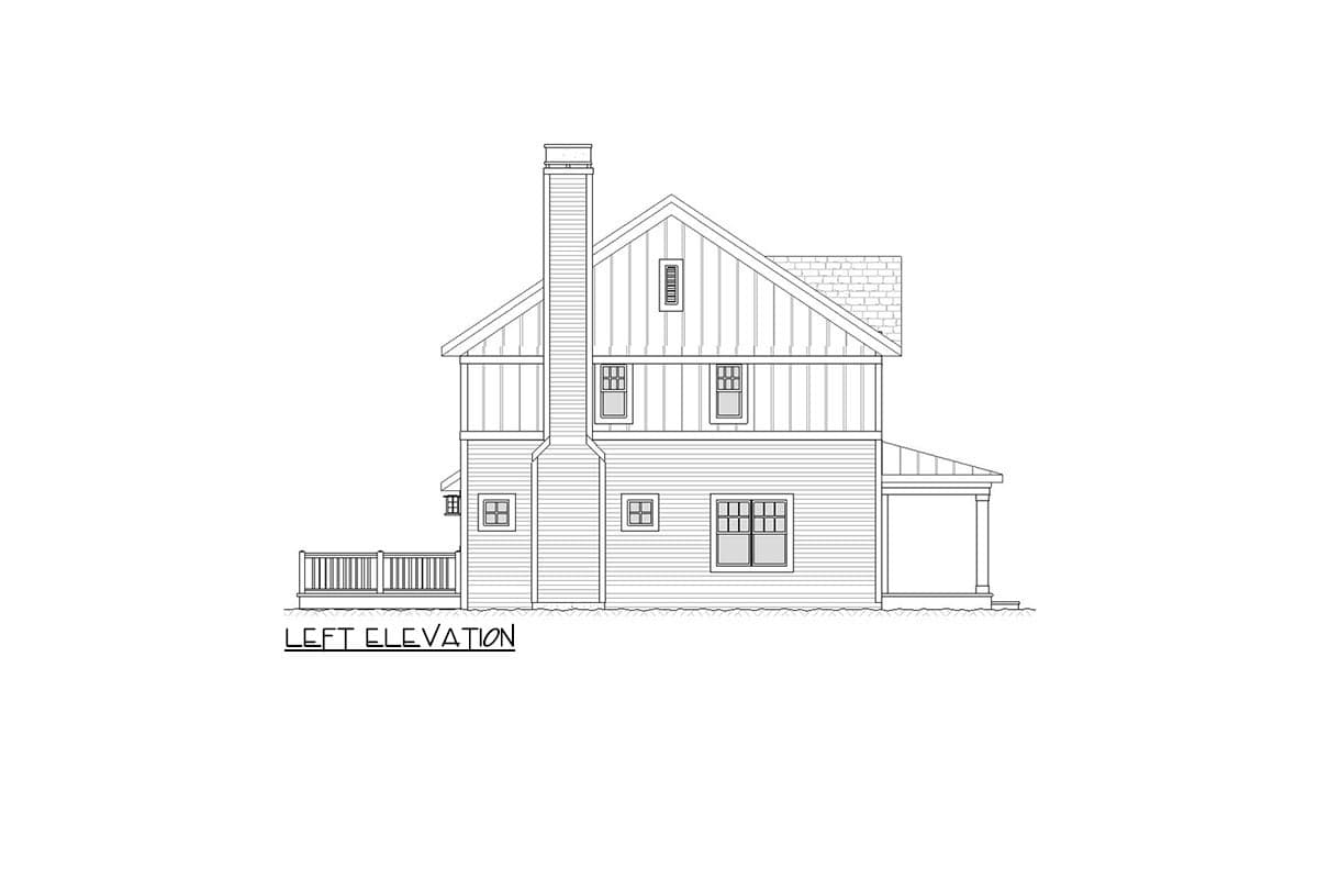 Left elevation house plan showing two stories, a prominent chimney, dormers, a deck, and a covered porch.