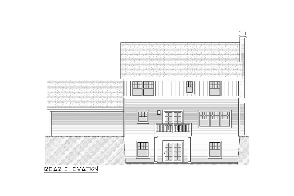 Rear elevation house plan with a two-story main section, attached garage, balcony, and multiple windows.