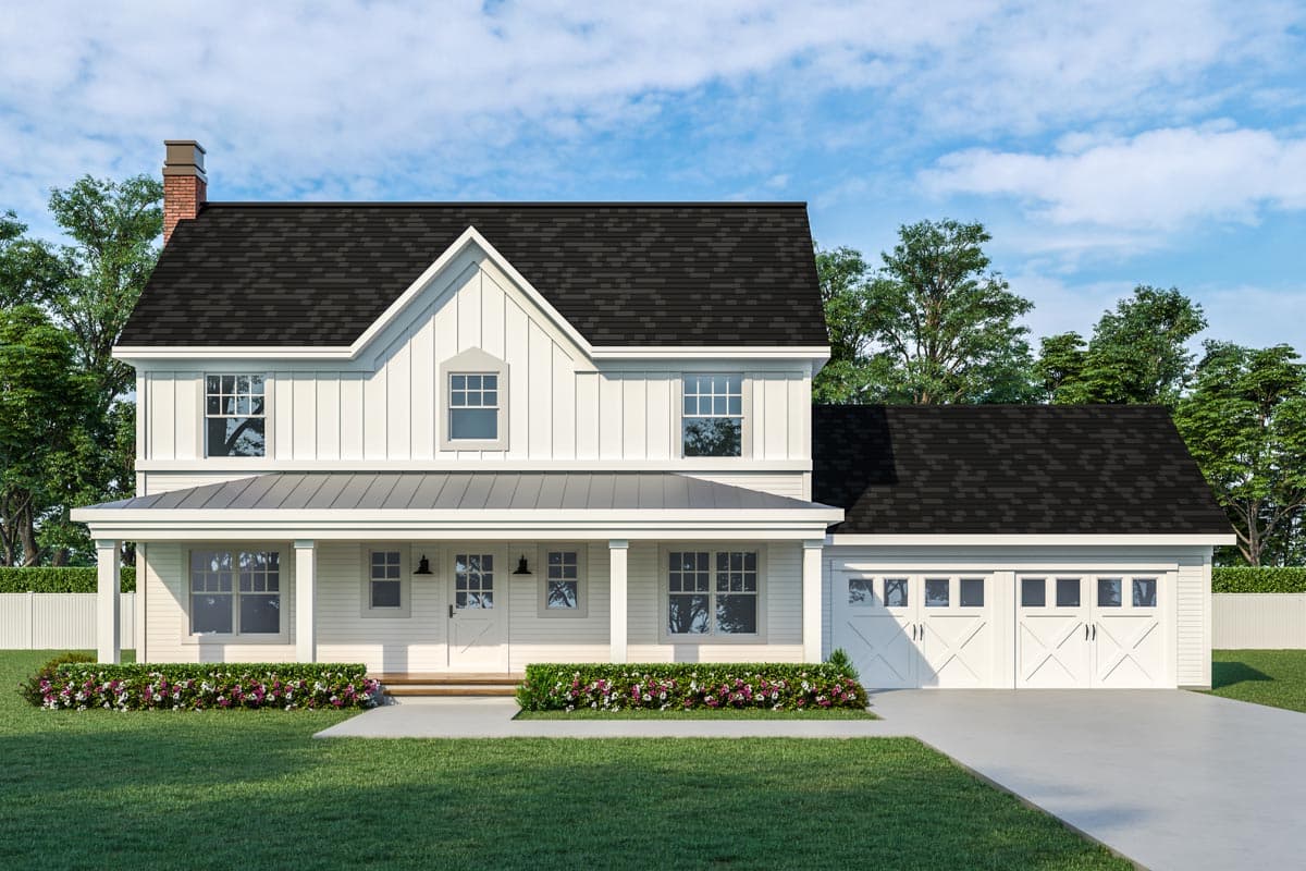 House plan exterior. Two-story Modern Farmhouse with gabled roof, covered porch, and attached garage with two bays and side entry.