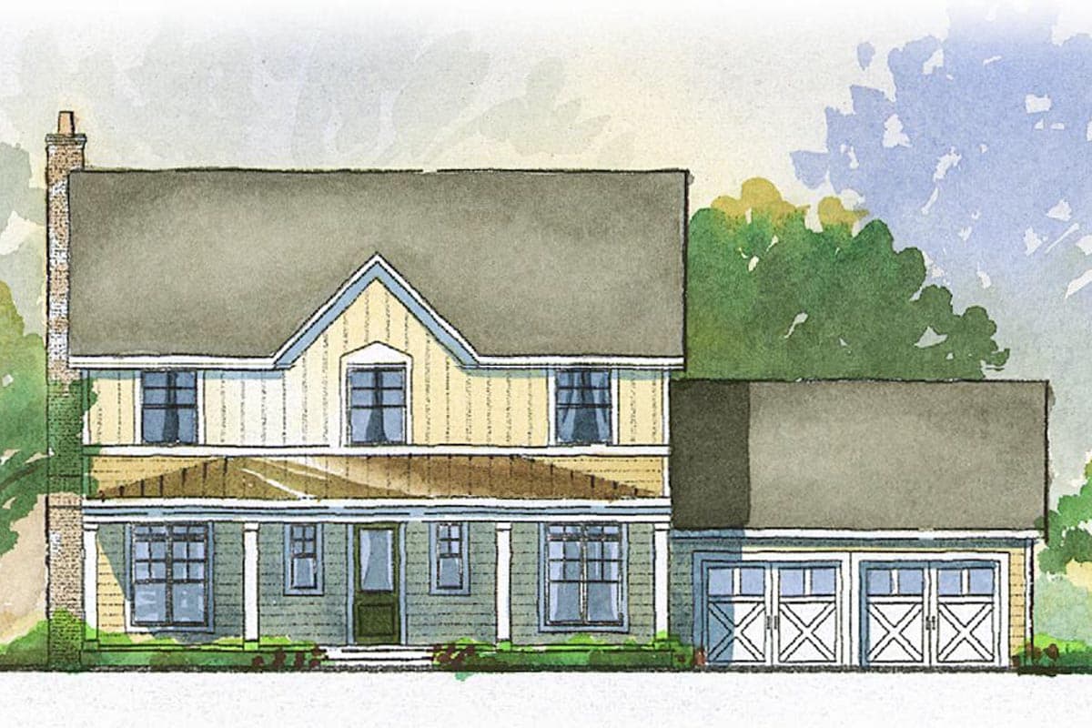 Two-story house plan exterior with a prominent gable, full-width porch, and attached three-car garage.