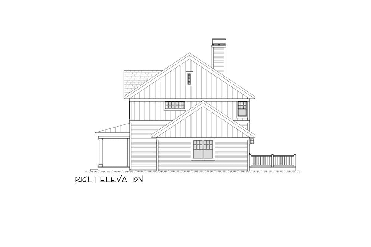 Right elevation house plan drawing showing a two-story home with gables, a chimney, covered porch, and deck.