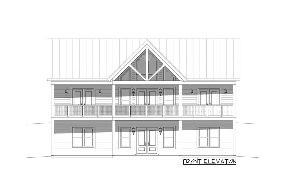Front elevation drawing of a two-story house plan with a metal roof, double balconies, and gabled dormer.