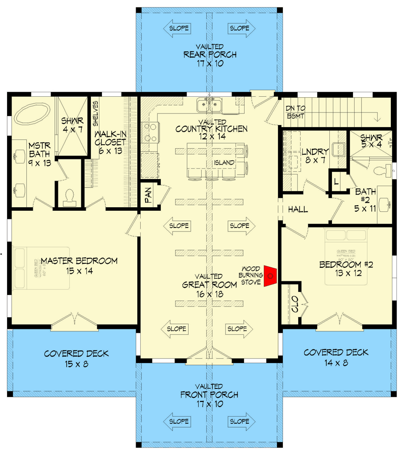 Plan 680074VR: Mountain House Plan with Vaulted Porch and Interior for Up-Sloping Lots - 1357 Sq Ft - Floor Plan - Main Level - Country, Craftsman, Mountain, Rustic, Vacation