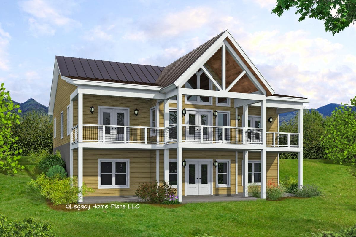 House plan exterior with two stories. Features include a gable roof, covered porch with balconies, and a metal roof.