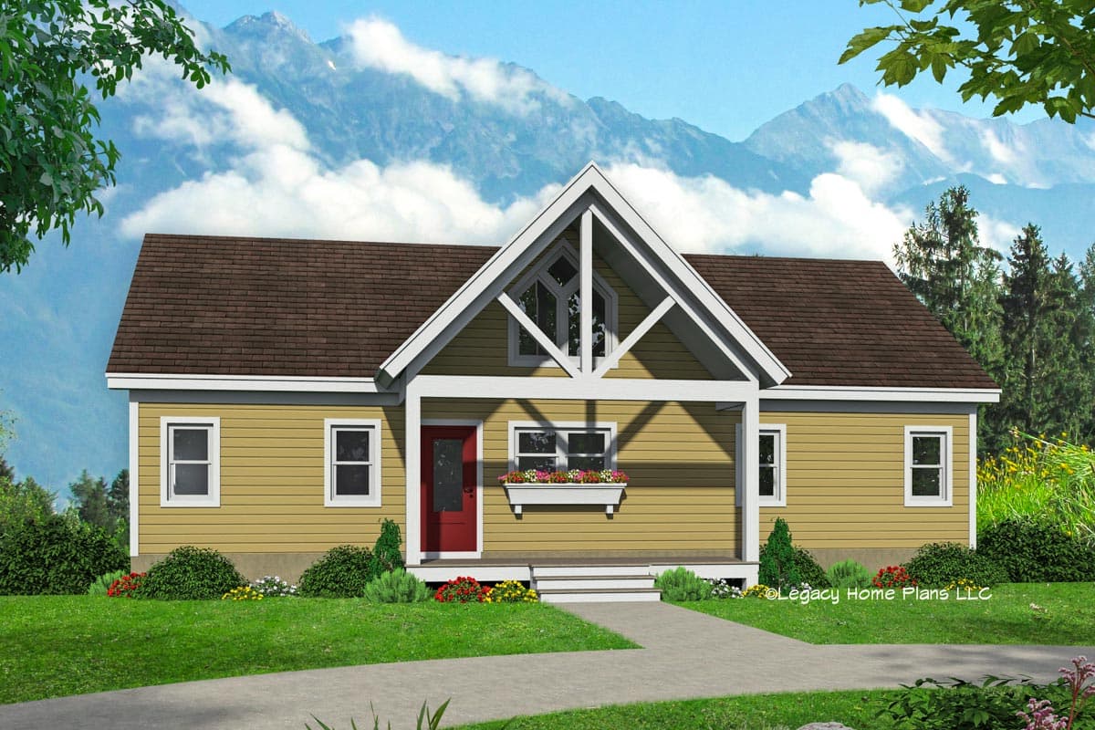 House plan exterior with a gable roof, covered front porch with decorative bracing, and horizontal siding.