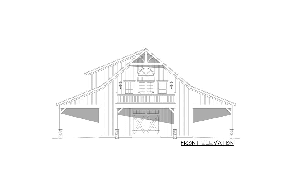 Front elevation drawing of a barn-style house with a gambrel roof, two covered parking areas, and a second-story balcony.