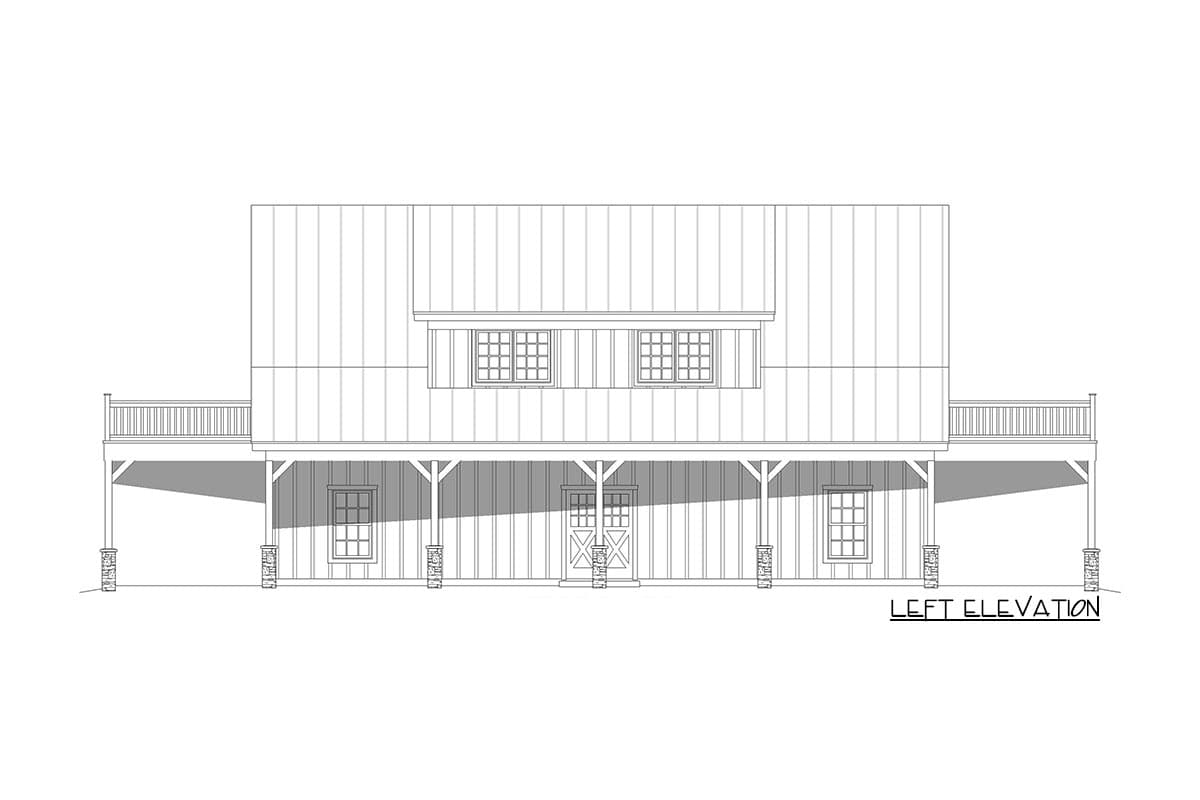 Left elevation drawing of a house plan featuring a porch, dormer windows, and a metal roof.