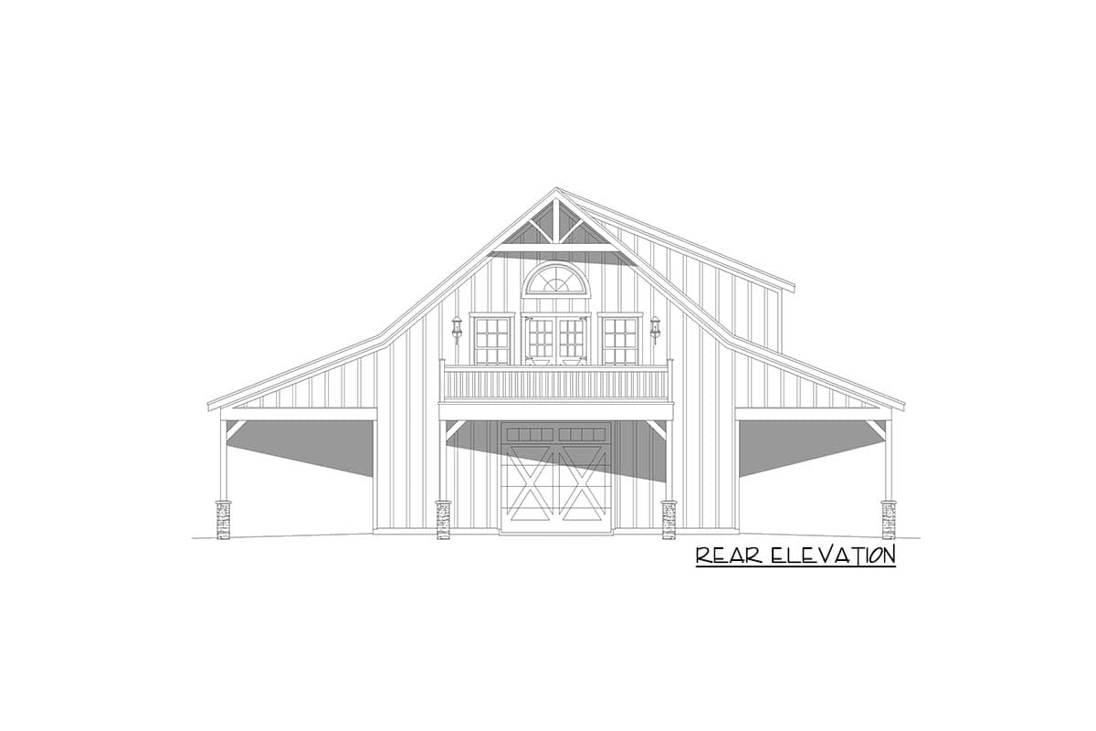 Rear elevation of a barn-style house plan. Features include a covered porch with stone pillars, a balcony, a large garage door, and dormer windows.