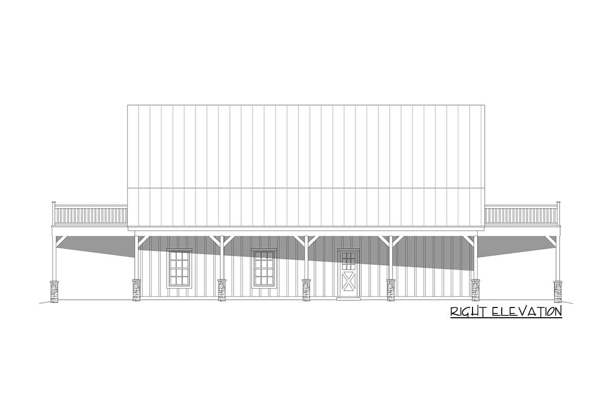 House plan right elevation shows a covered porch with stone-clad posts, windows, and a door below a second-story deck.