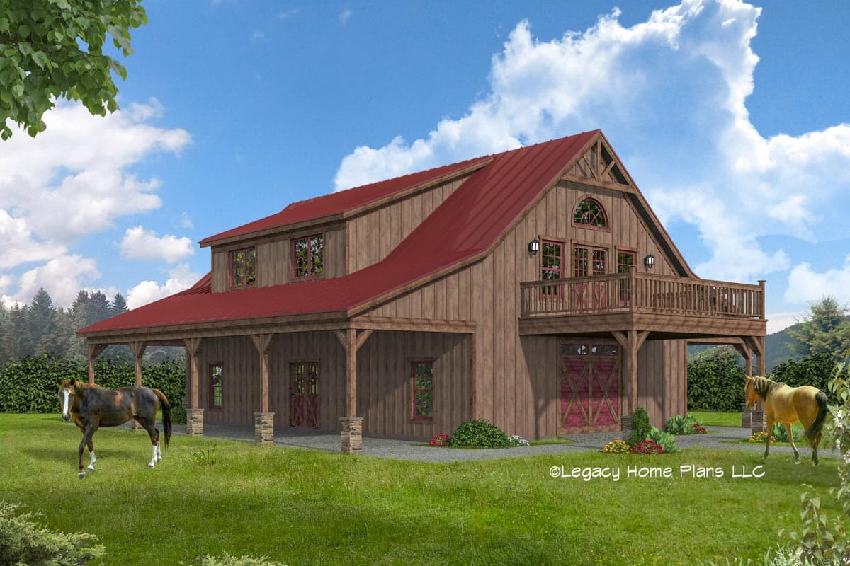 House plan exterior with two stories, barn style, with a covered porch, balcony, and red metal roof.