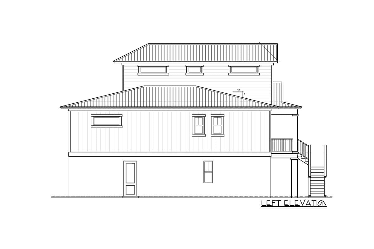 Left elevation of a two-story house plan showing a metal roof, vertical siding, and a front porch with stairs.