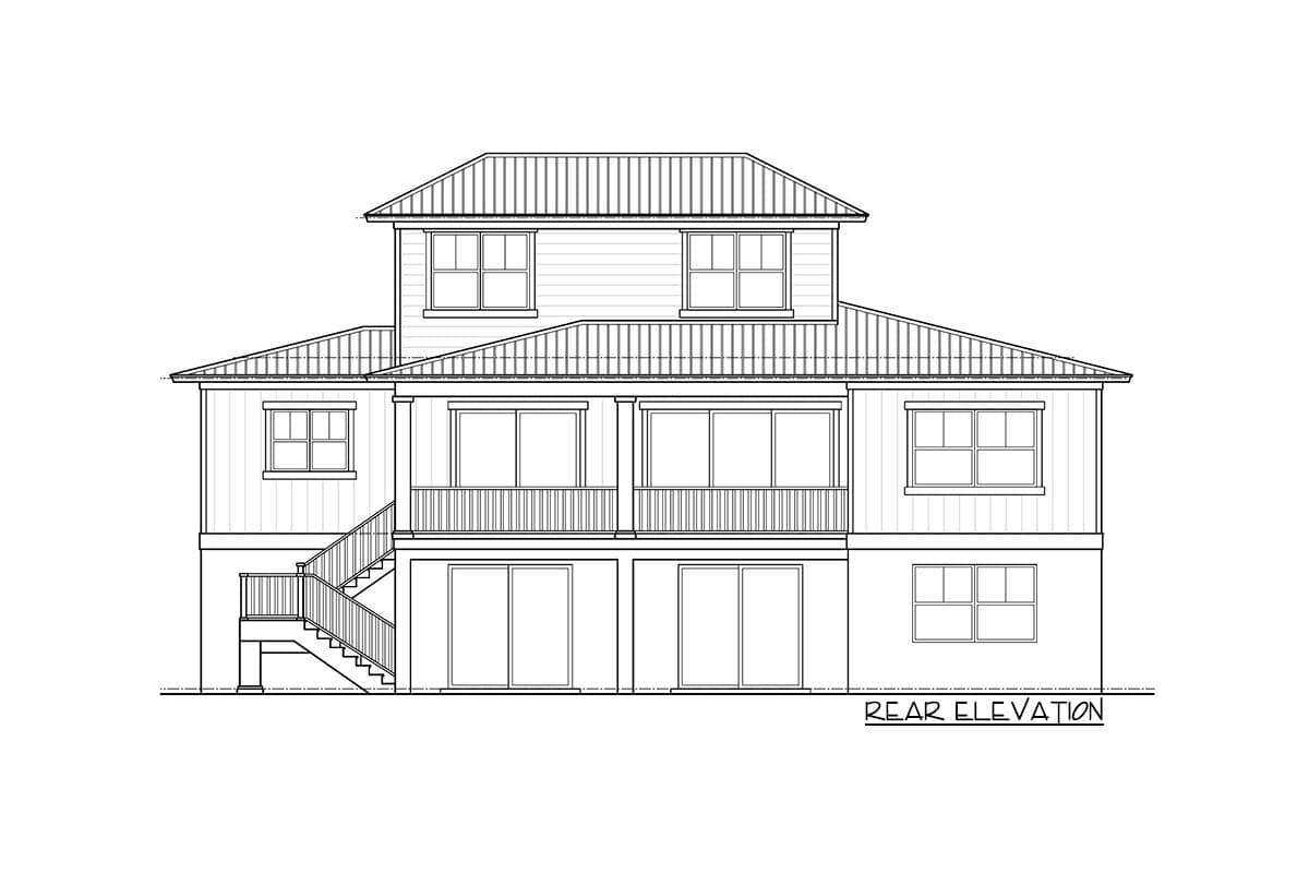 Rear elevation drawing of a two-story house with a metal roof, balconies, and a symmetrical window arrangement.