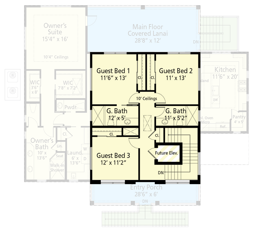 Plan 33255ZR: Island-Style 3-Level House Plan Elevator Space and Hidden Laundry Chute - 2894 Sq Ft - Floor Plan - 2nd Floor - Beach, Coastal, Low Country, Southern