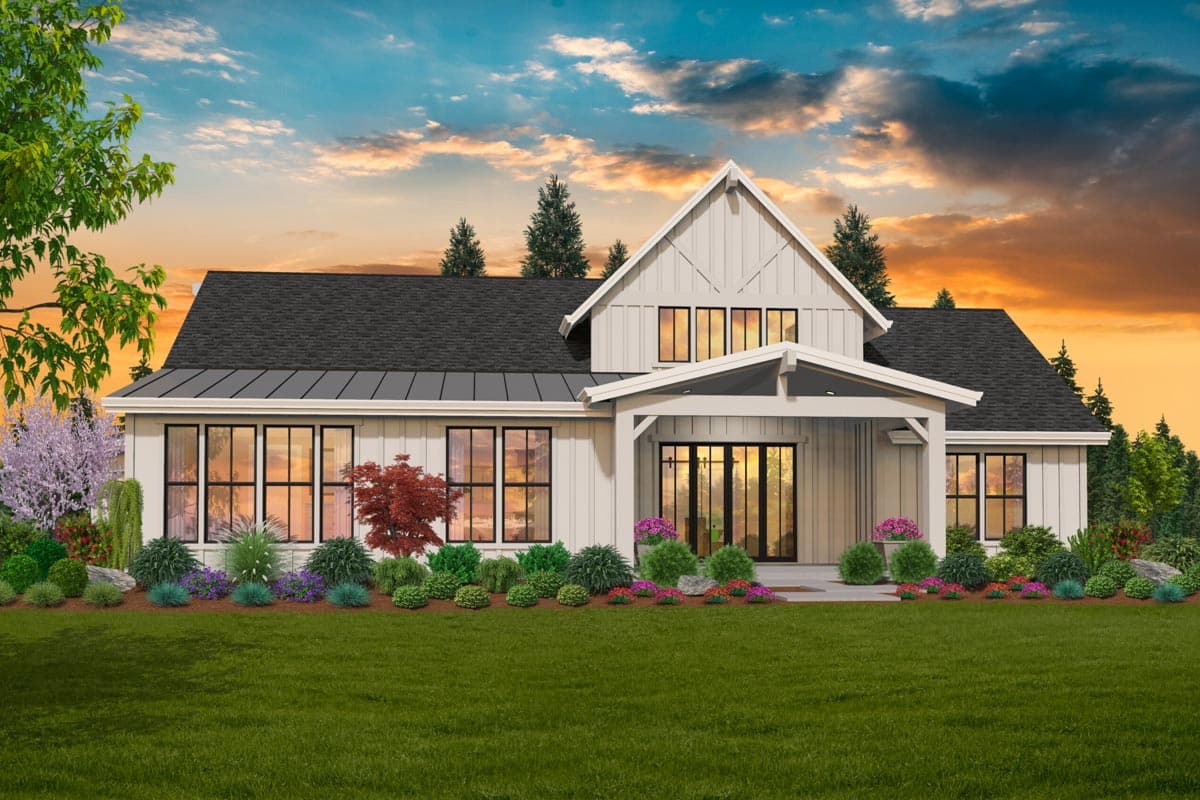 Modern Farmhouse house plan exterior with gables, dormers, metal roof, and a covered front entry with double doors.