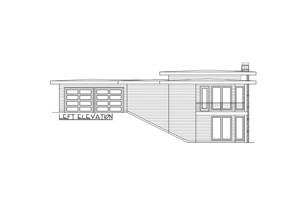 Left elevation drawing of a modern house plan with a two-car garage, horizontal siding, and stacked windows.