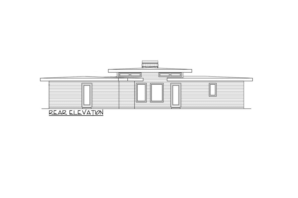 Rear elevation drawing of a single-story house with a flat roof, horizontal siding, and multiple windows.