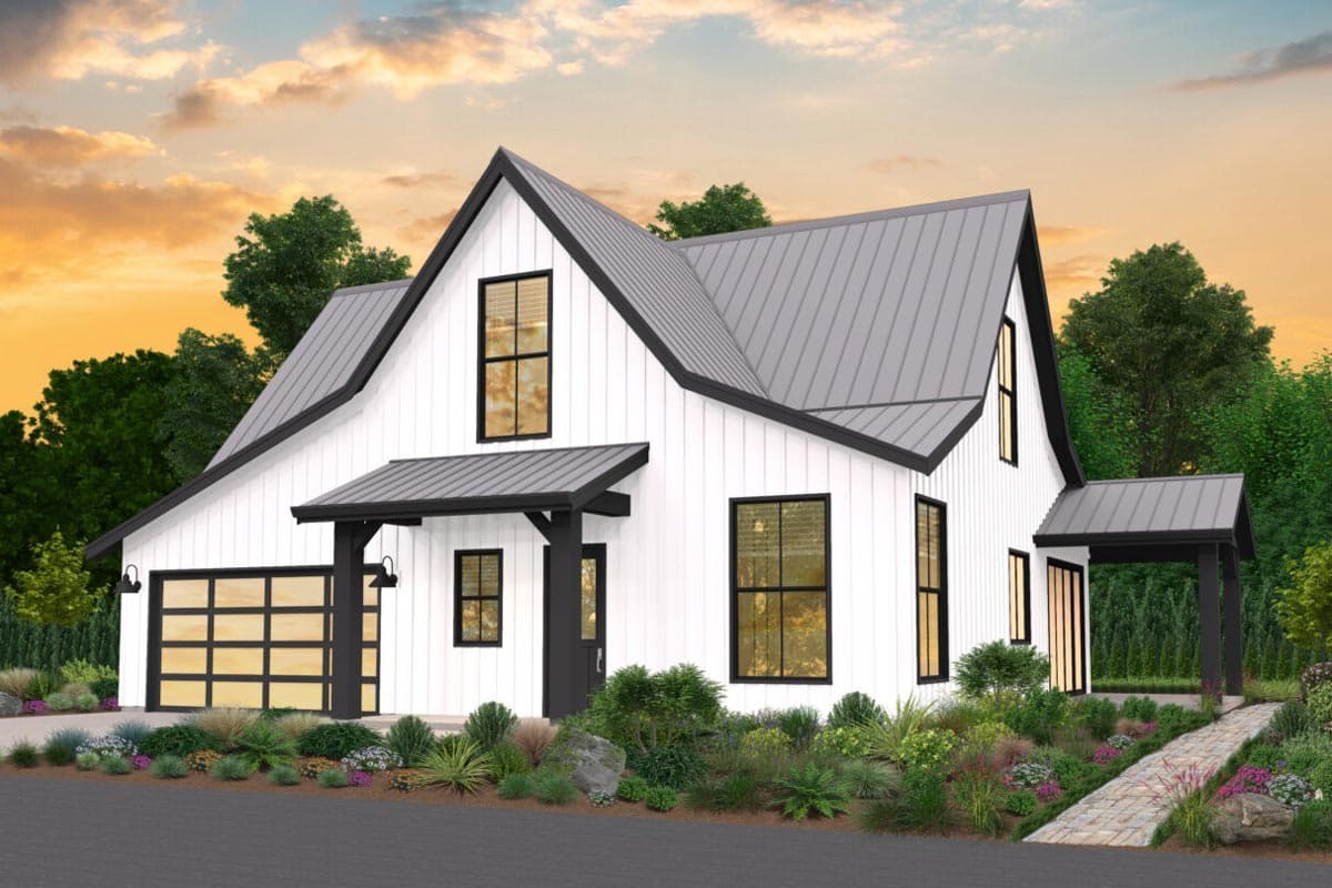 House plan exterior. Modern Farmhouse style with metal roof, gable rooflines, and covered entry. Features a two-car garage and large windows.