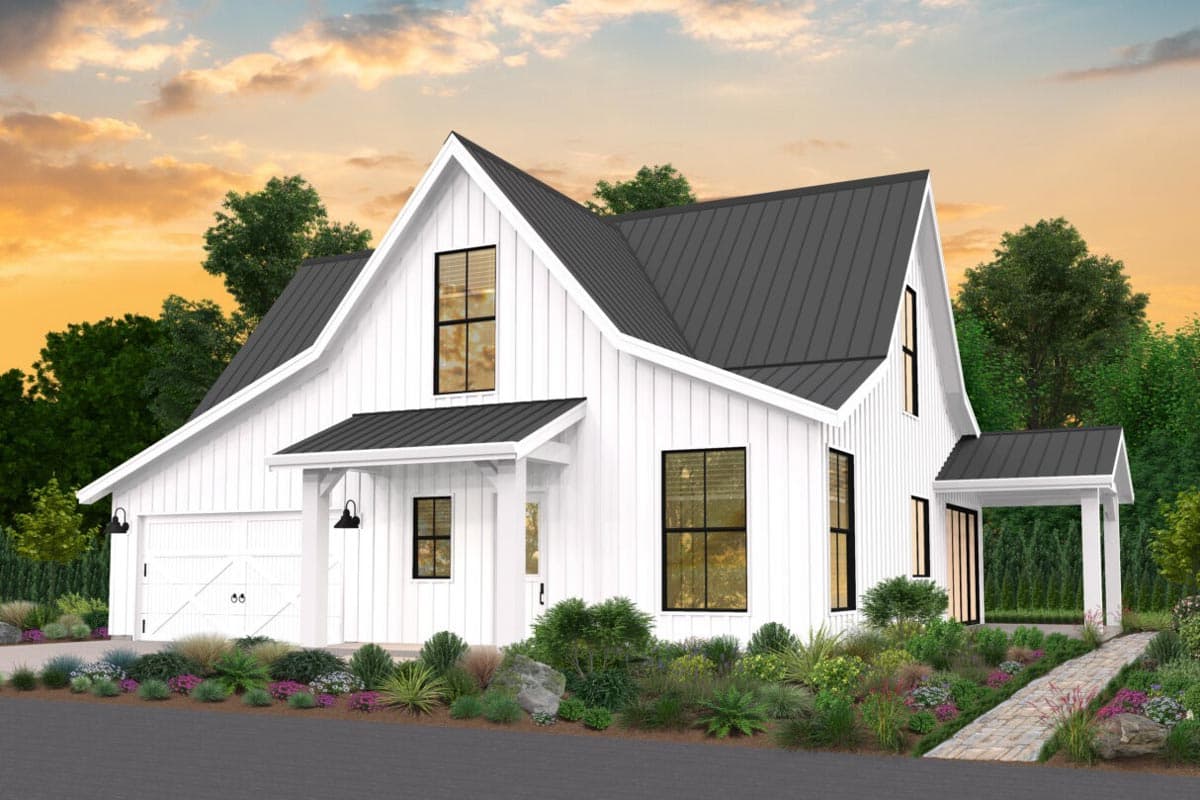 Modern Farmhouse house plan exterior with white board-and-batten siding, dark metal roof, gabled dormers, and attached garage.