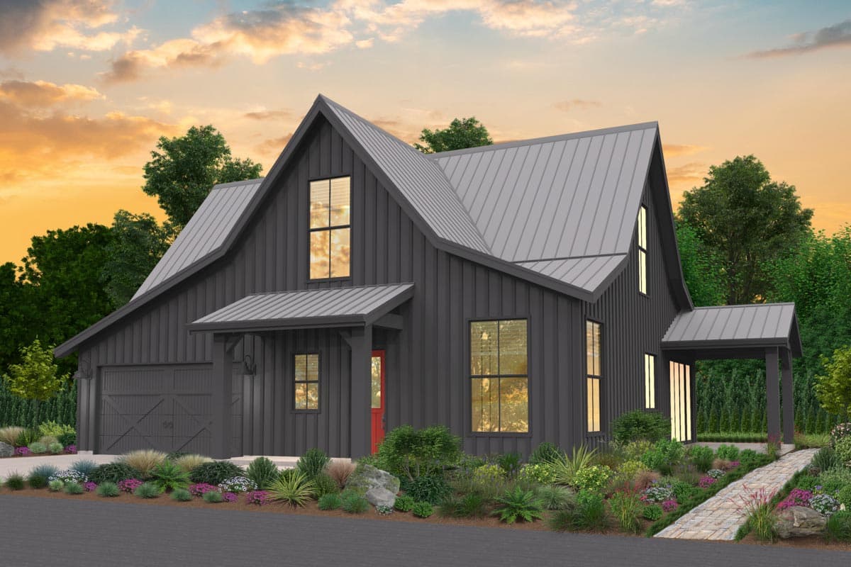 Modern Farmhouse house plan exterior with dark siding, metal roof, gabled dormers, covered porch, and side-entry garage.