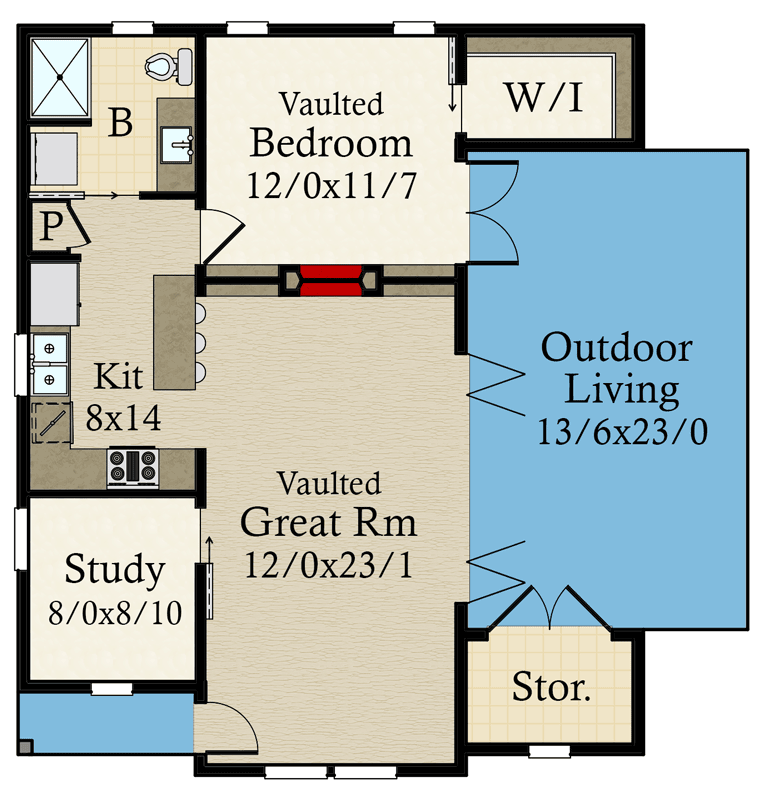 Plan 85393MS: Skinny Rustic Farmhouse-Inspired ADU House Plan Under 800 Square Feet - Floor Plan - Main Level - Country, Farmhouse, Modern Farmhouse, Rustic, Vacation