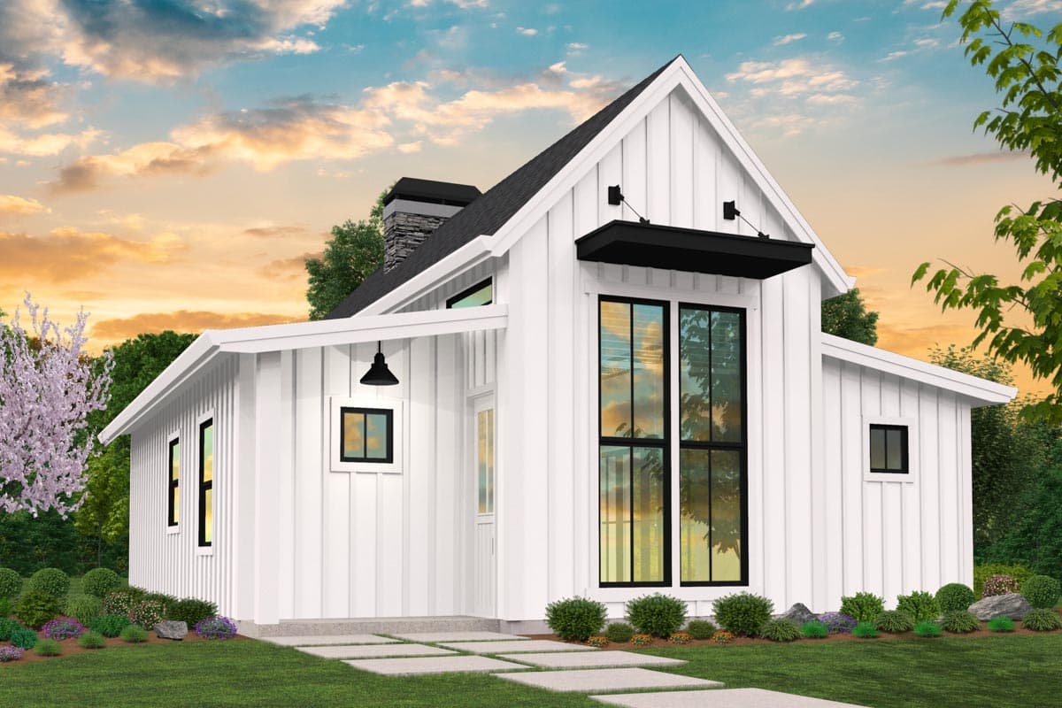 House plan exterior. Modern farmhouse style with gabled roof, prominent black-framed windows, and a covered entry. Features board-and-batten siding.