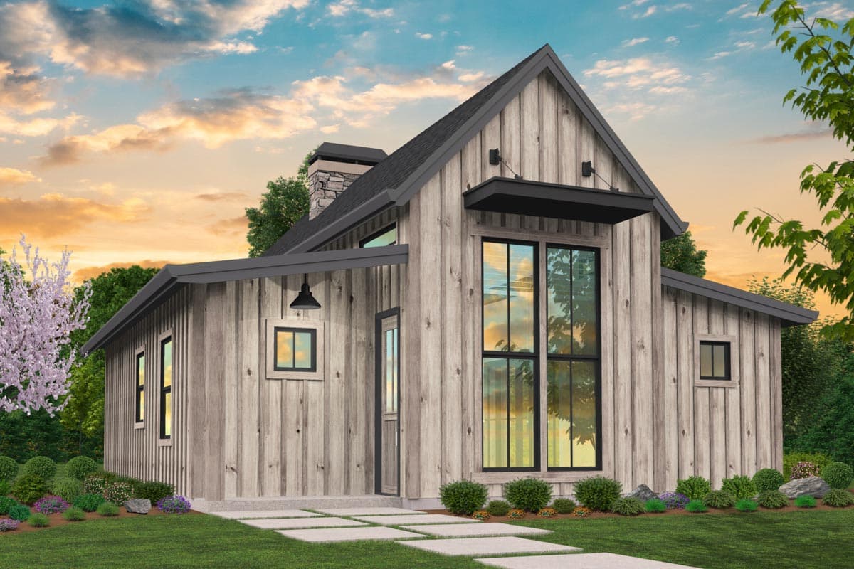 Modern farmhouse house plan exterior with board and batten siding, gable roof, stone chimney, and large vertical windows.