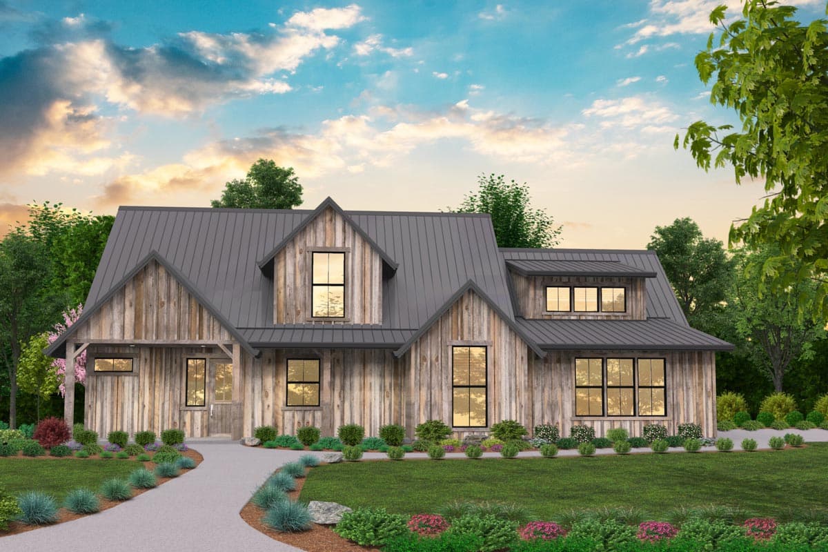 Modern Farmhouse house plan exterior with metal roof, gables, dormers, and wood siding.