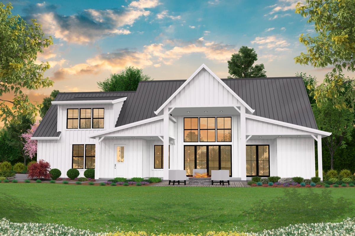 Modern Farmhouse house plan exterior with a steep gable, a dormer, a covered porch, and large windows.