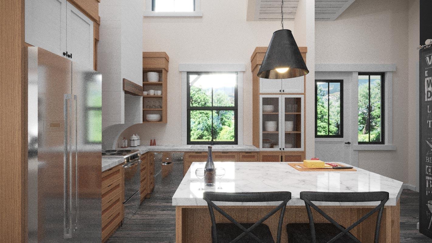 Kitchen interior with large island, stainless steel appliances, wood cabinetry, and vaulted ceiling.
