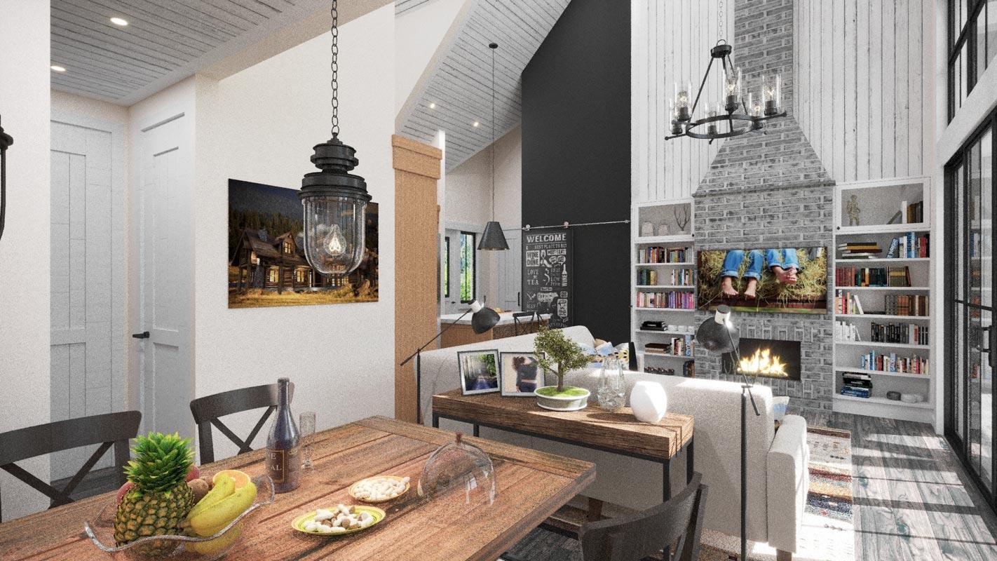 Interior rendering of a great room with vaulted ceiling, brick fireplace, large windows, and built-in bookshelves.