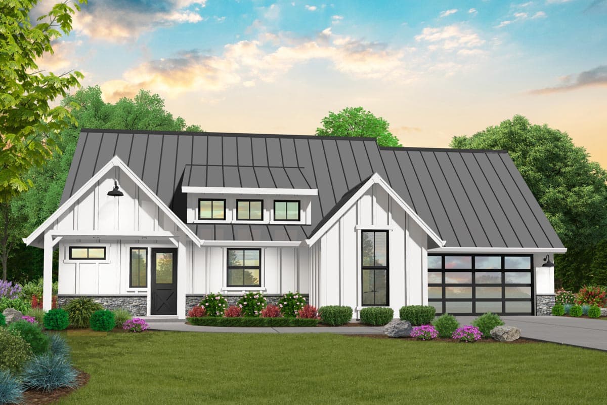 House plan exterior. Modern Farmhouse style with a single story, front porch, gables, and a garage with a glass door.