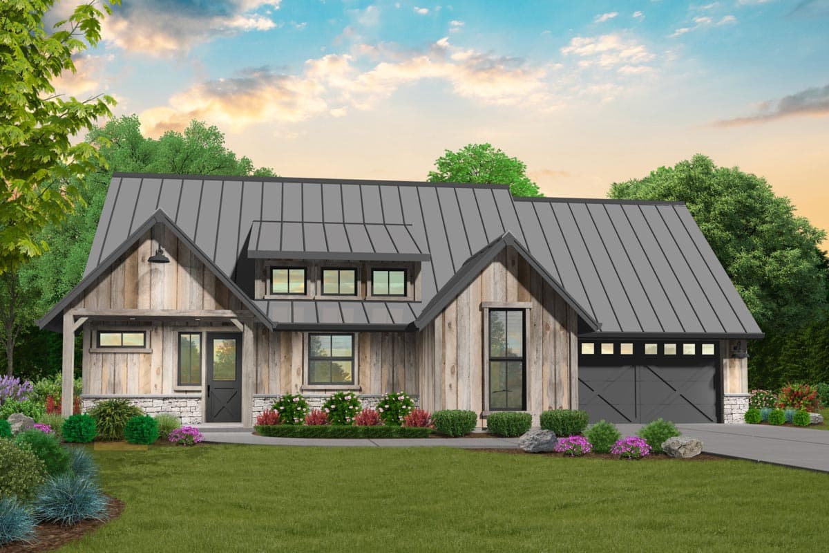 Modern Farmhouse house plan exterior with board-and-batten siding, metal roof, gables, and attached garage.