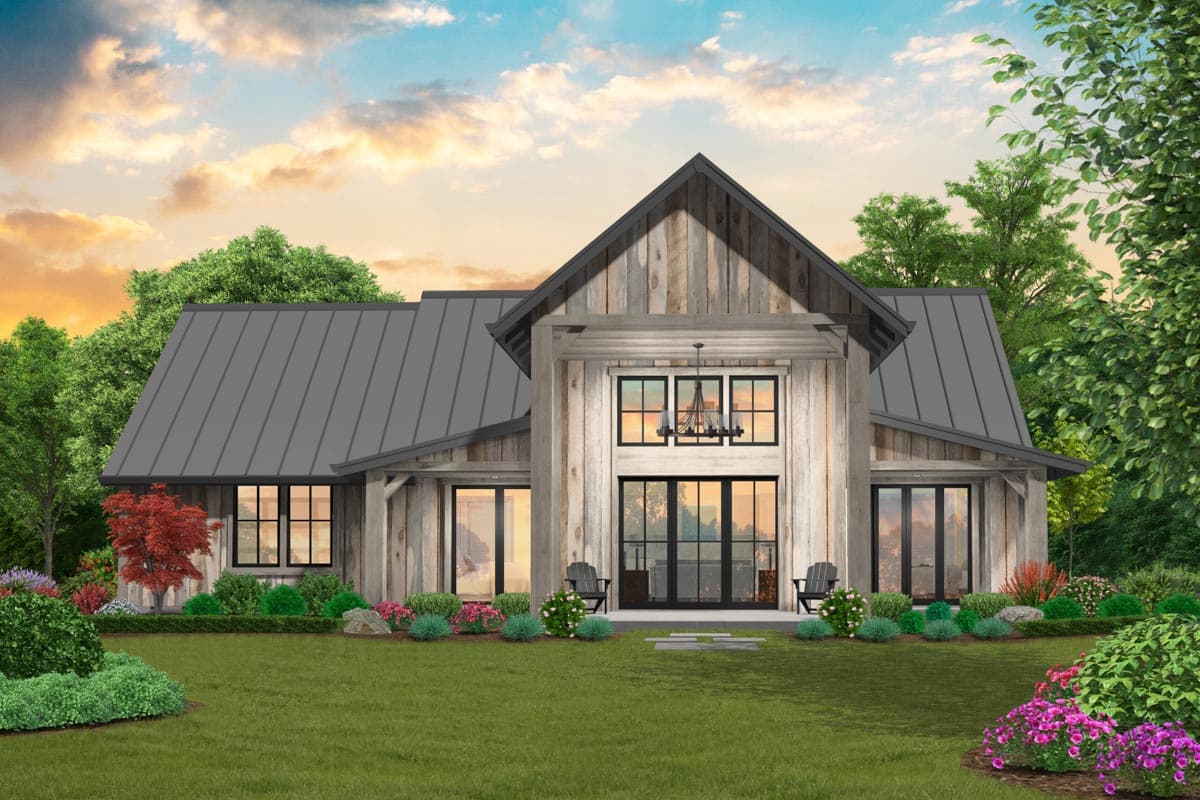 Modern Farmhouse house plan exterior with metal roof, gables, large windows, and wood siding.