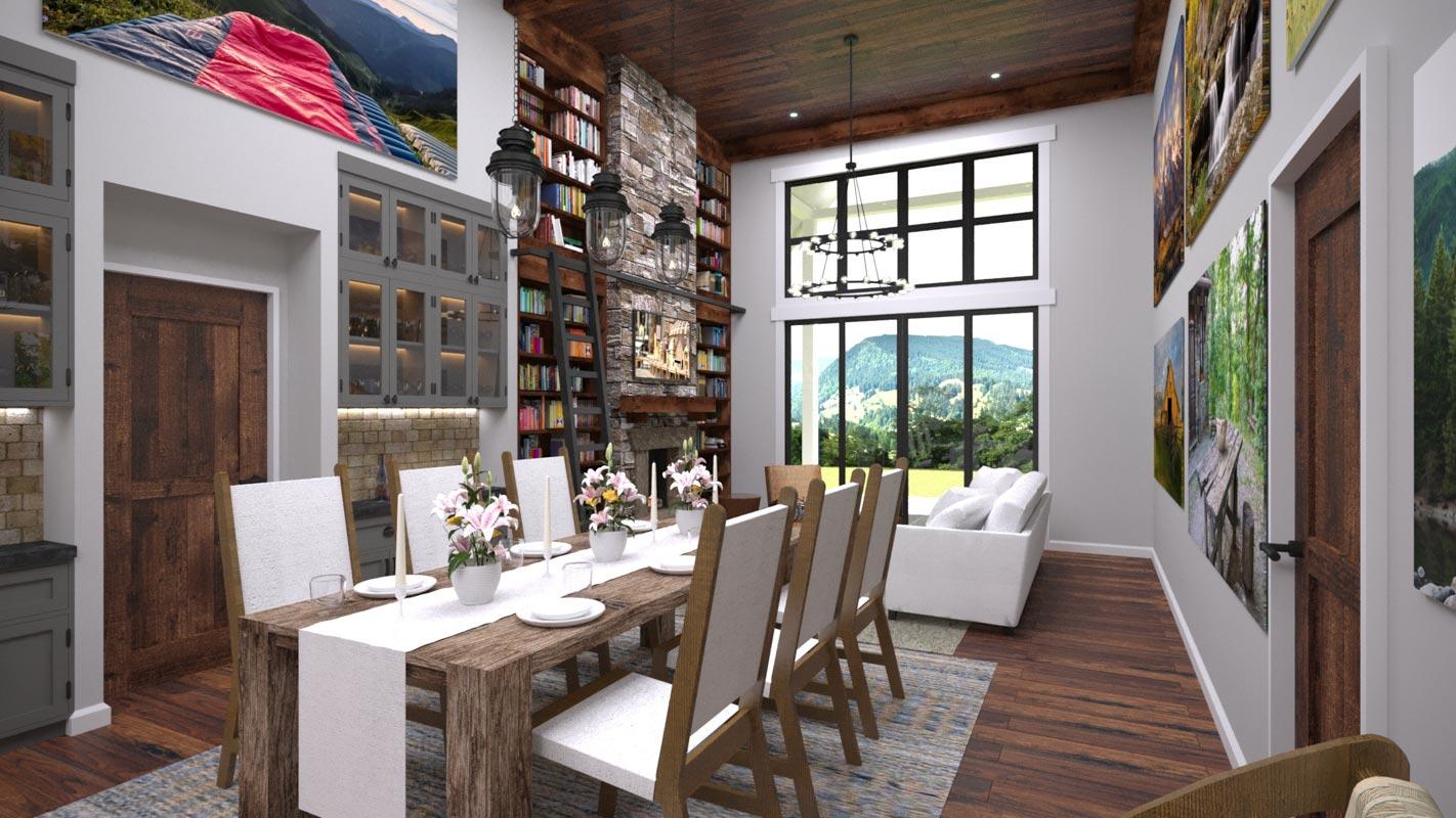 Great room with stone fireplace, floor-to-ceiling bookshelves, dining table, and large windows.