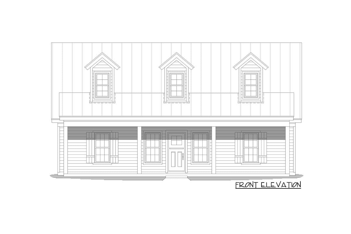 Front elevation drawing of a house plan featuring a full-width covered porch, gable dormers, and vertical siding.