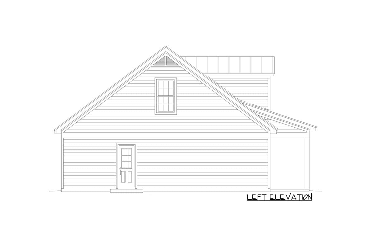 Left elevation drawing of a house plan with a gable roof, dormer window, and covered porch.