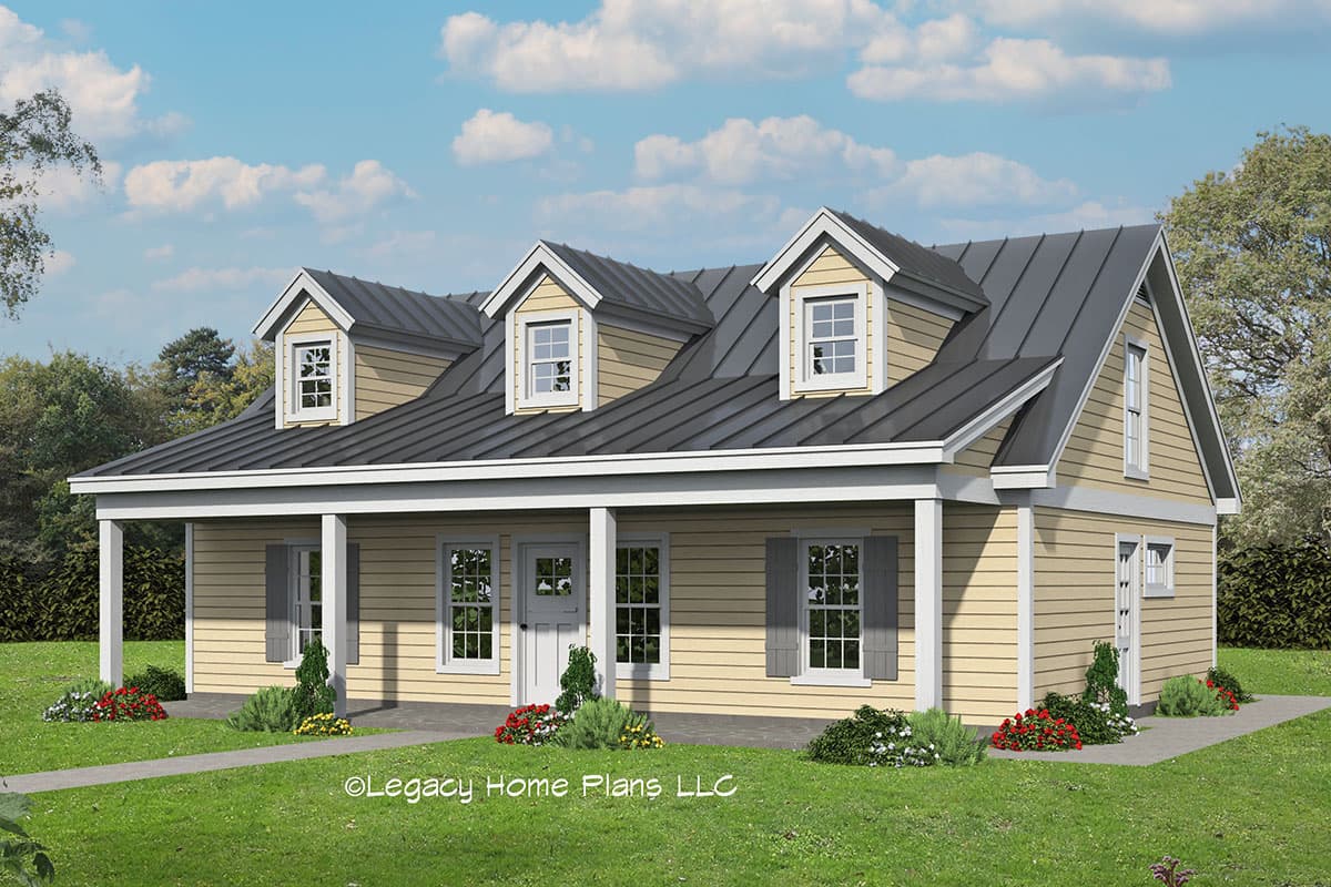 House plan exterior. Ranch style with front porch, dormers, and a metal roof. One-story home with a symmetrical facade.