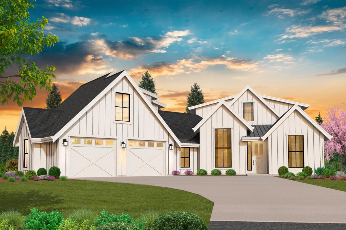 Modern Farmhouse house plan exterior with triple garage, prominent gables, and large windows.