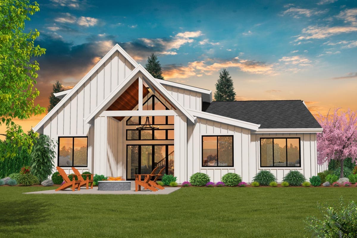 Modern Farmhouse house plan exterior with prominent gables, board and batten siding, and large windows.