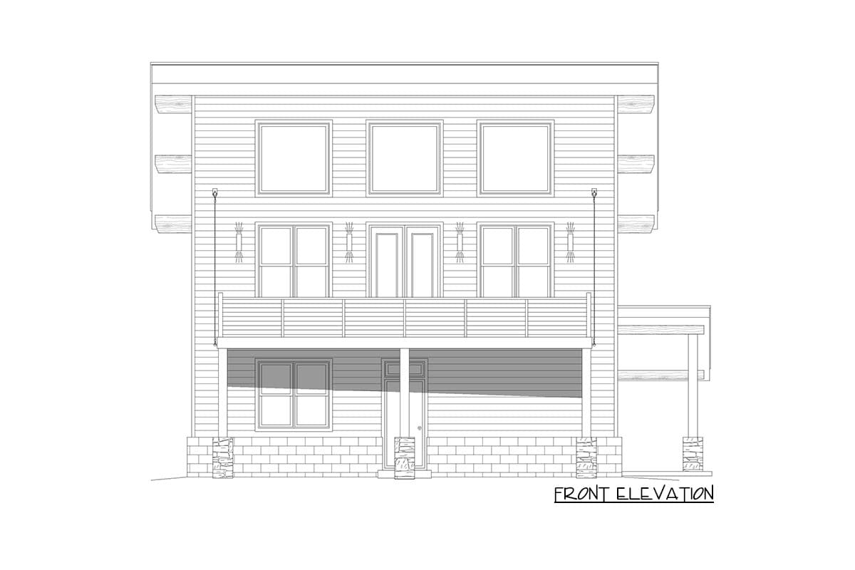 Front elevation drawing of a three-story house plan with a balcony, double doors, and stacked windows.