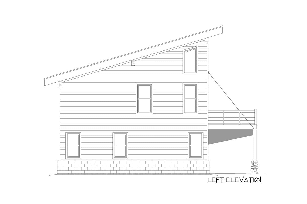 Left elevation house plan with a sloping roof, horizontal siding, brick foundation, and a rear deck.