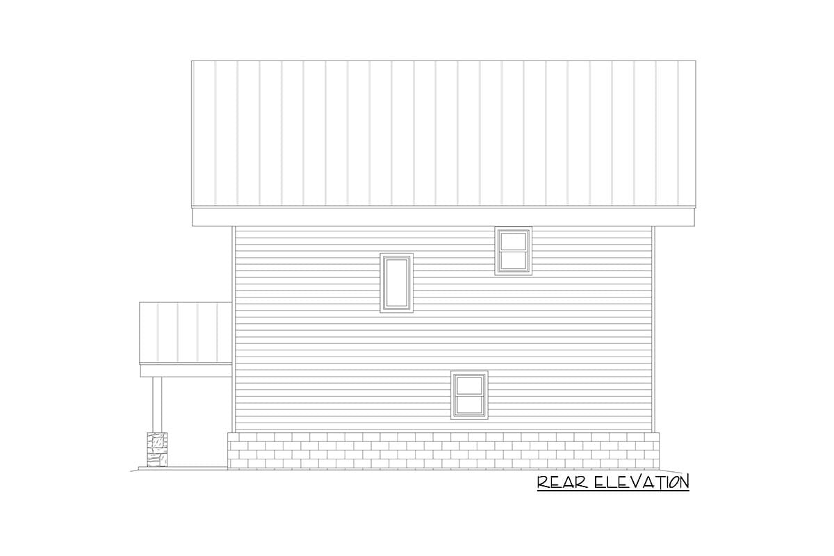Rear elevation of a house plan showing horizontal siding, a metal roof, a small covered porch with a stone-clad support, and three windows.
