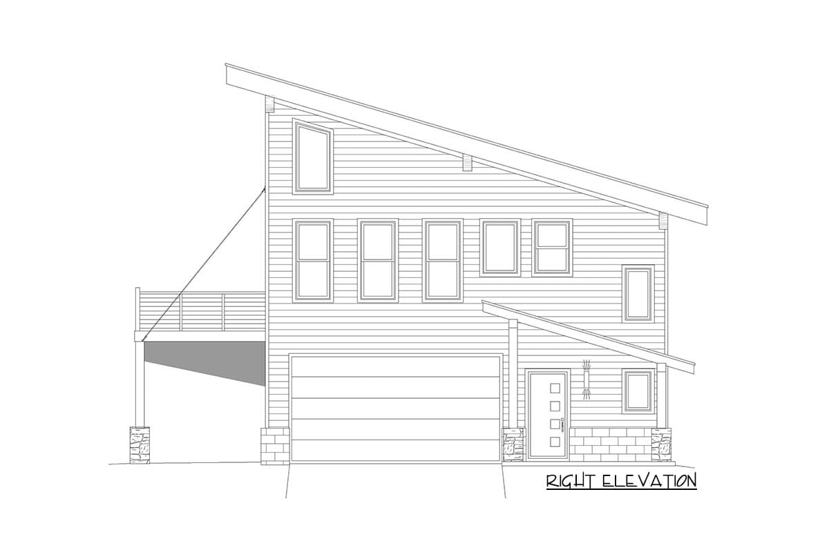 Right elevation of a house plan with a modern asymmetrical roofline, attached garage, and a second-story deck.