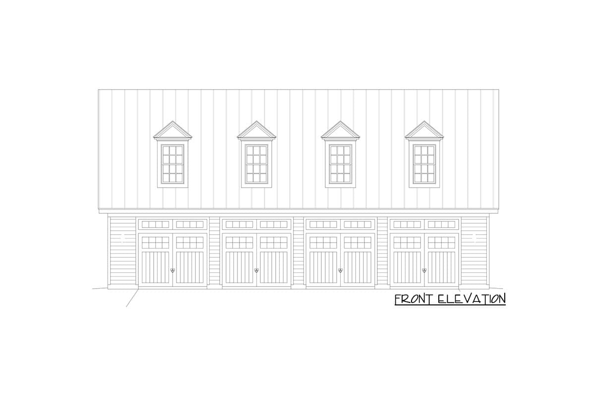 Front elevation drawing showing four garage doors and four dormer windows on a vertical siding structure.