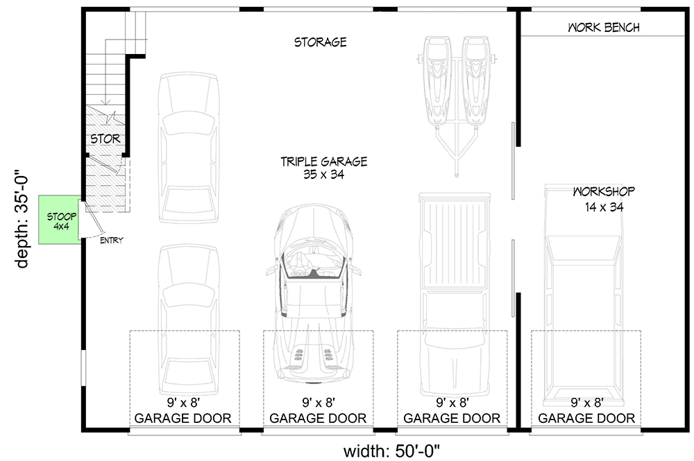 Plan 680078VR: 4-Car 1200 Square Foot Detached Garage with Workshop and Large Upstairs Loft - Floor Plan - Main Level - Country, Traditional