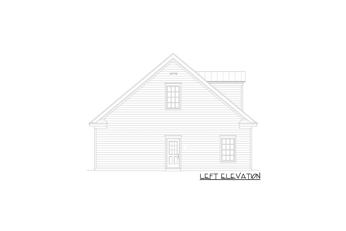 Left elevation drawing of a house plan with horizontal siding, a gable roof, dormer, door, and two windows.