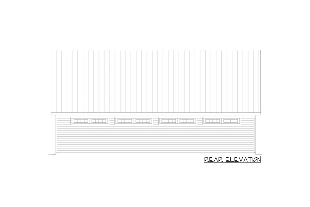 Rear elevation drawing of a house with horizontal siding and a metal roof, featuring a row of small windows.