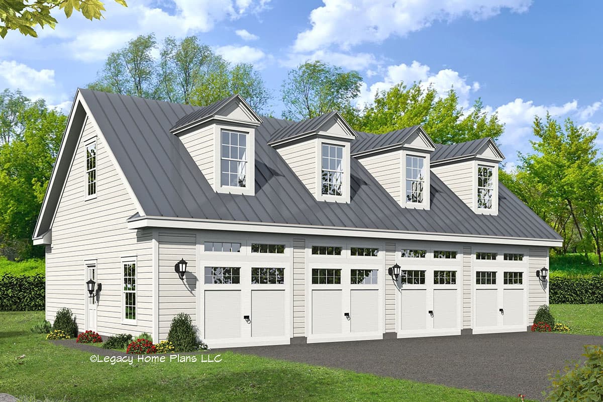House plan exterior with dormers, a metal roof, and garage doors. The structure appears to be a 1-story building.