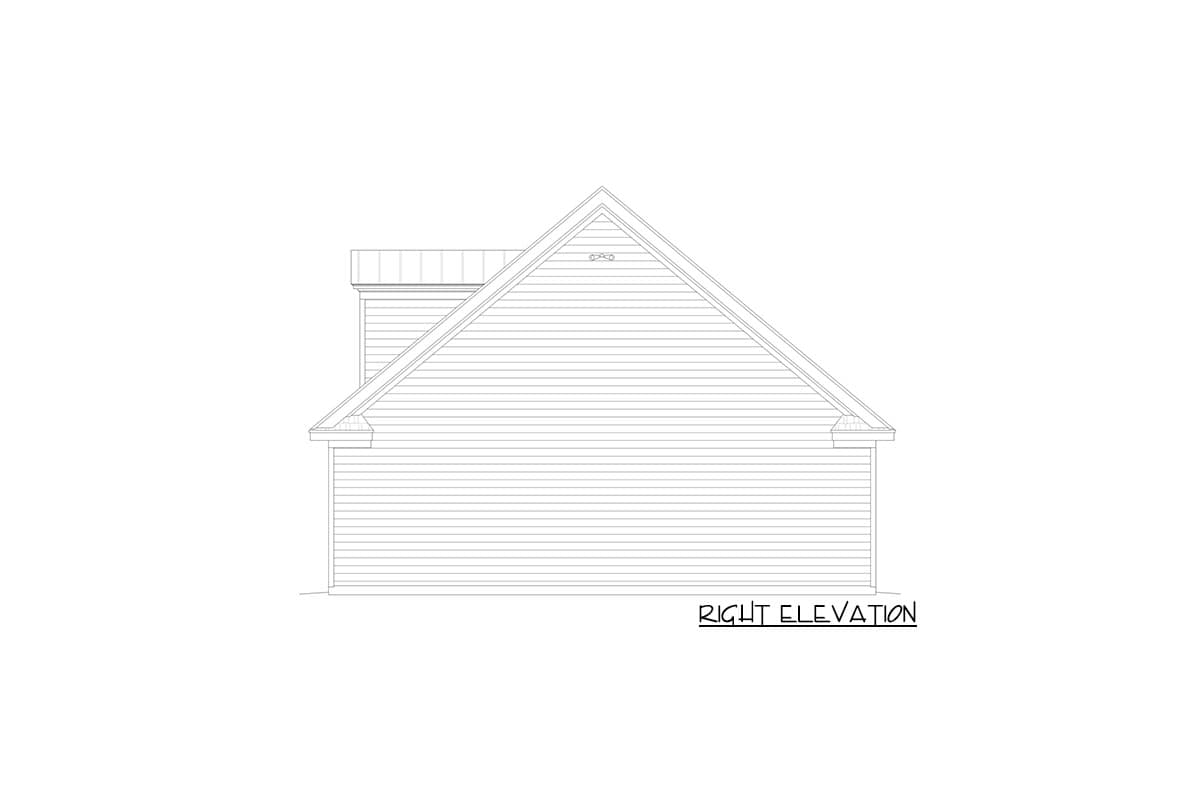 Architectural drawing of a house plan's right elevation, featuring horizontal siding and a gabled roof.