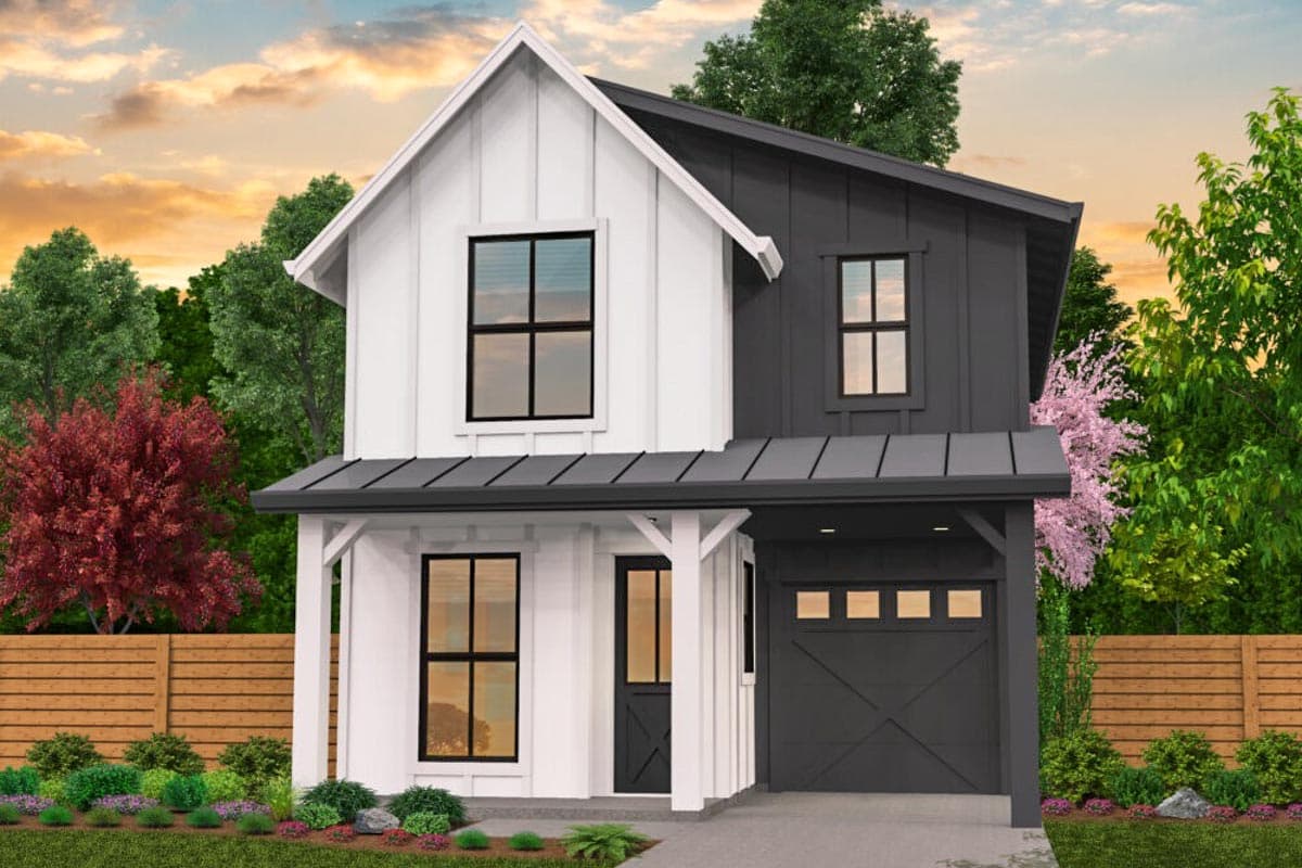 House plan exterior. Two-story Modern Farmhouse with a gabled roof, covered porch, and attached garage. Exterior features board and batten siding.